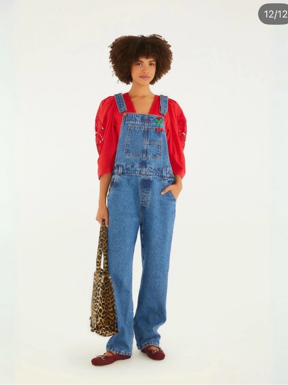 FARM Rio Red Puff-Sleeve Top with Blue Denim Overalls
